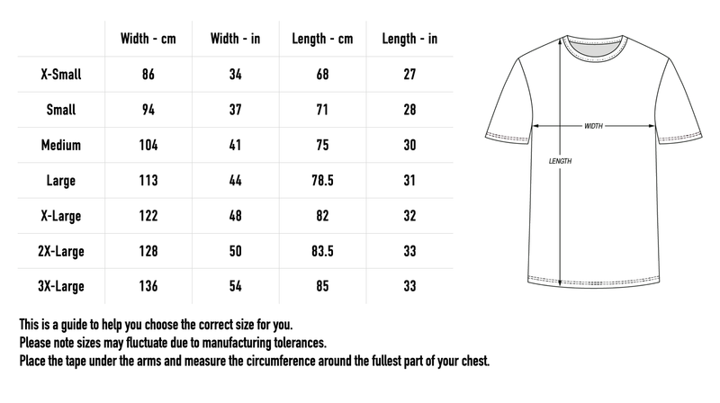Size chart for Eyes Tee - White